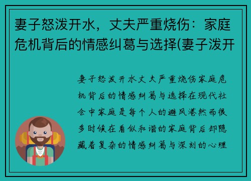 妻子怒泼开水，丈夫严重烧伤：家庭危机背后的情感纠葛与选择(妻子泼开水致丈夫毁容是什么电视剧)